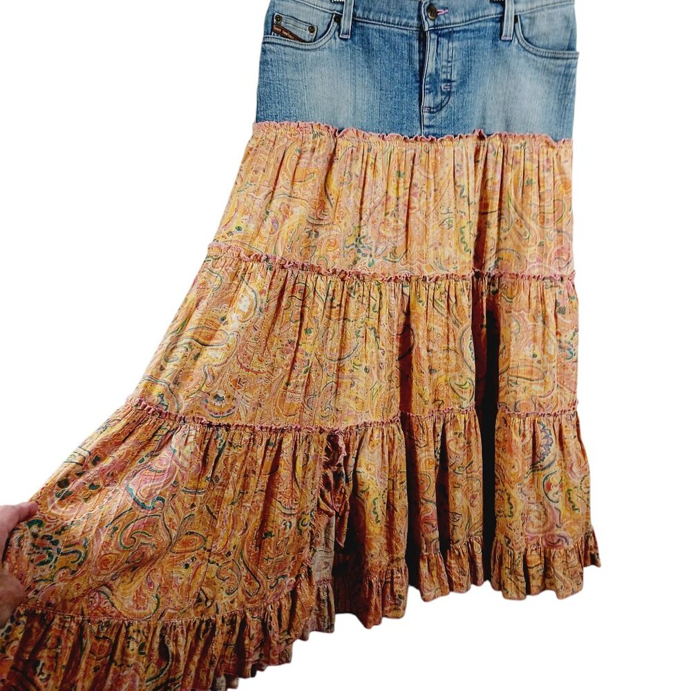 Lee, Mixed Media Midi Skirt Denim/Cotton Print, Size 9 M, Tiered Bottom, Western - Picture 4 of 16